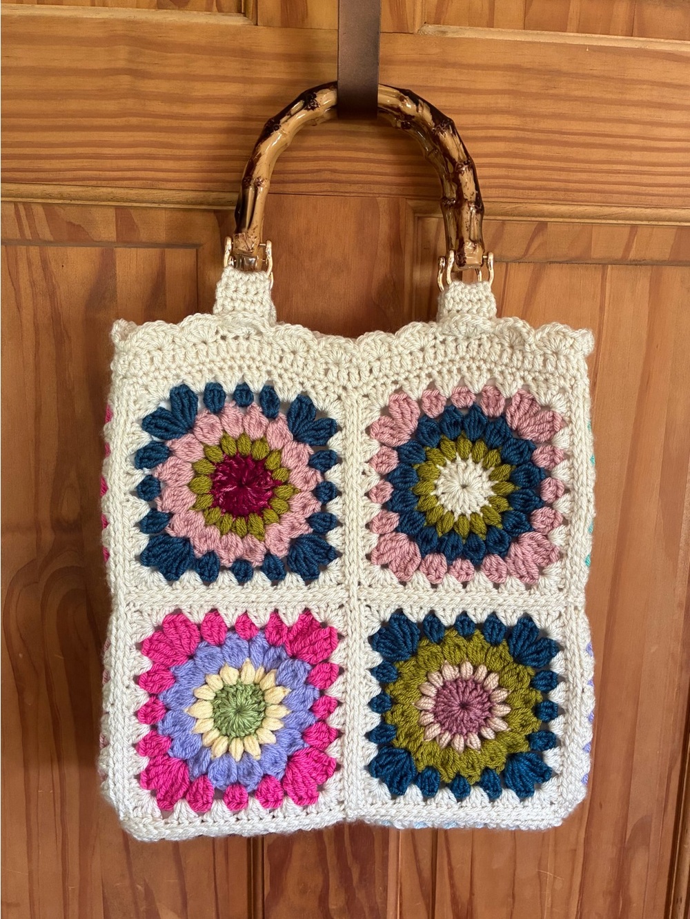 Handmade Crochet Square Tote Bag with Bamboo Handles - Cream Multi - Picture 2 of 5